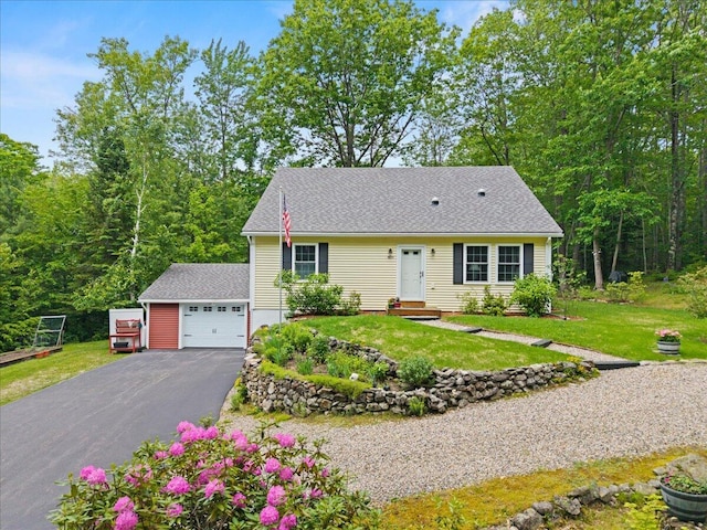 489 Shady Nook Rd, Newfield, ME 04095 - view of front of property with asphalt driveway, a front yard, entry steps, and a shingled roof