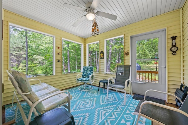 489 Shady Nook Rd, Newfield, ME 04095 - sunroom featuring ceiling fan, healthy amount of natural light, and wood walls
