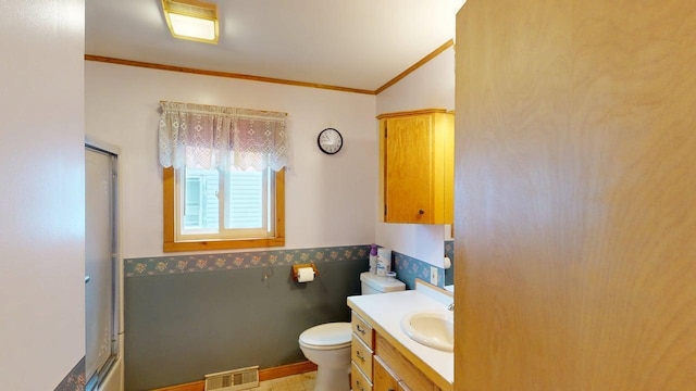 180 Bowdoin St, Millinocket, ME 04462 - full bath with toilet, crown molding, vanity, wainscoting, and lofted ceiling