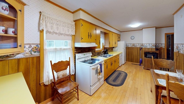 180 Bowdoin St, Millinocket, ME 04462 - kitchen with white appliances, wallpapered walls, range hood, ornamental molding, and a sink