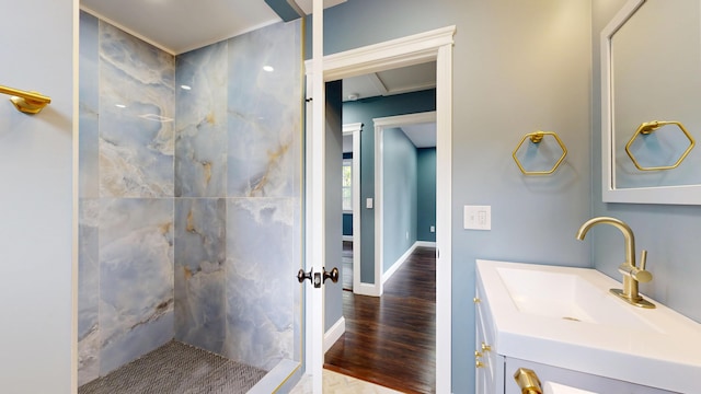 422 Centre St, Bath, ME 04530 - full bath with a tile shower, vanity, and wood finished floors