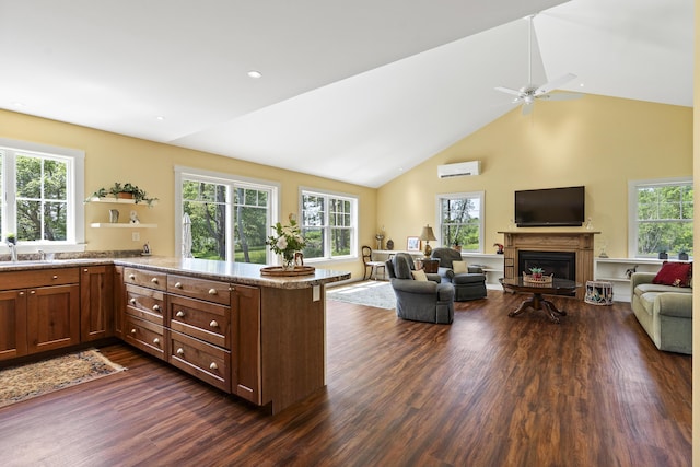 189 Basin Point Rd, Harpswell, ME 04079 - kitchen featuring healthy amount of natural light, dark wood finished floors, a peninsula, a glass covered fireplace, and high vaulted ceiling