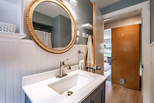29 Harding St, Biddeford, ME 04005 - bathroom featuring vanity, wainscoting, wood finished floors, and a decorative wall