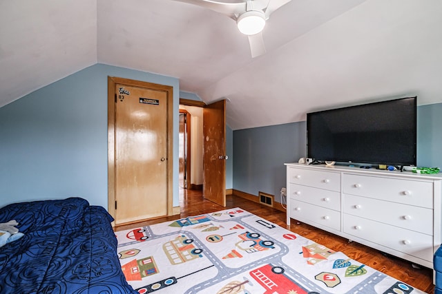 29 Harding St, Biddeford, ME 04005 - bedroom featuring wood finished floors, vaulted ceiling, and a ceiling fan
