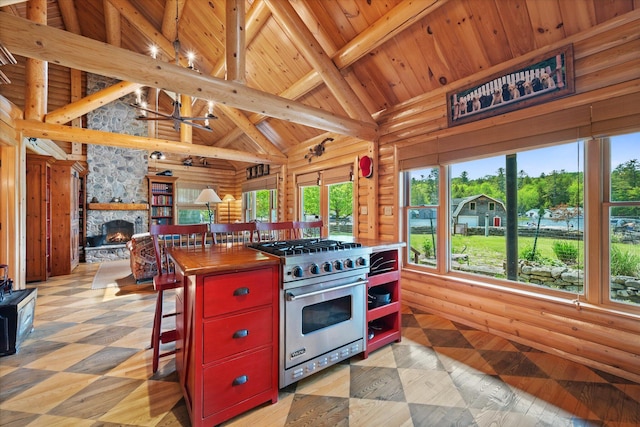 41 Canal St, Grand Lake Stream Plt, ME 04668 - kitchen with luxury stove, wood ceiling, light floors, open floor plan, and a fireplace