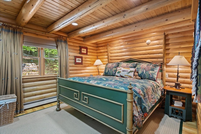 41 Canal St, Grand Lake Stream Plt, ME 04668 - bedroom with a baseboard radiator, rustic walls, wood ceiling with exposed beams, and wood finished floors