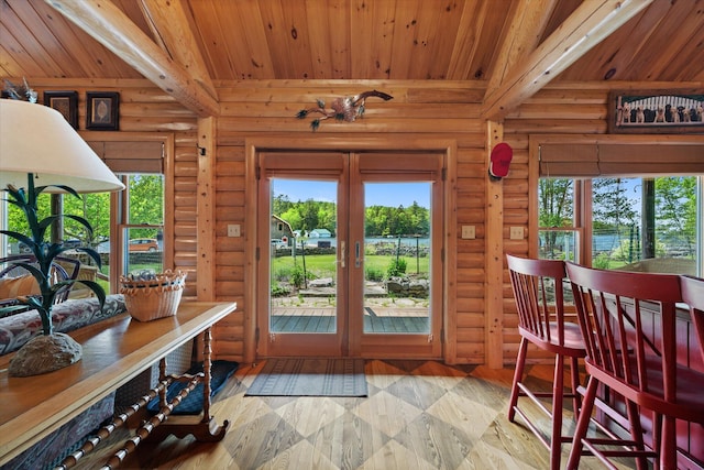 41 Canal St, Grand Lake Stream Plt, ME 04668 - doorway with wood ceiling, log walls, and french doors
