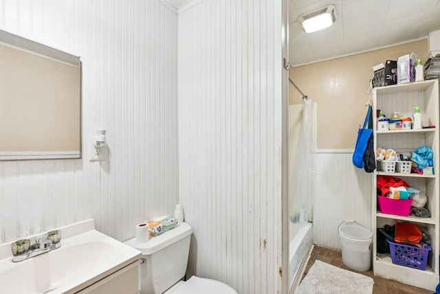13-15 James St, Auburn, ME 04210 - bathroom with vanity, shower / tub combo, wainscoting, and wood walls