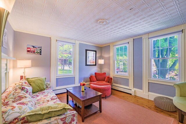 86 High St, Belfast, ME 04915 - living area featuring a baseboard heating unit, hardwood / wood-style floors, plenty of natural light, crown molding, and an ornate ceiling