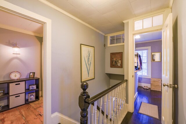 86 High St, Belfast, ME 04915 - corridor featuring crown molding, an upstairs landing, baseboards, and wood finished floors