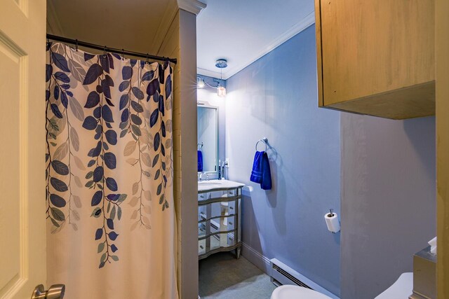 86 High St, Belfast, ME 04915 - full bath featuring toilet, vanity, crown molding, curtained shower, and baseboard heating
