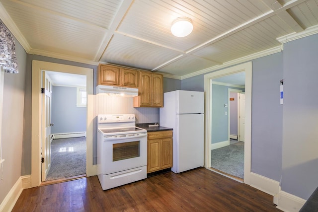 86 High St, Belfast, ME 04915 - kitchen featuring white appliances, under cabinet range hood, a baseboard radiator, baseboards, and ornamental molding
