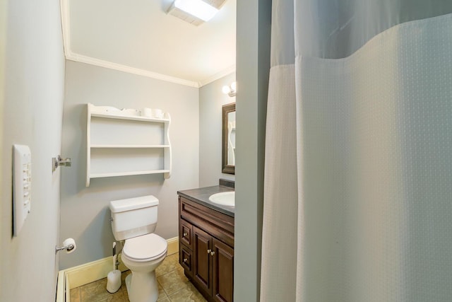 86 High St, Belfast, ME 04915 - full bath with vanity, toilet, crown molding, tile patterned flooring, and baseboards
