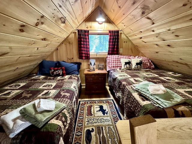 133 Camp Waya-Awi Rd, Rangeley, ME 04970 - bedroom featuring wood finished floors, wood walls, lofted ceiling, and wooden ceiling
