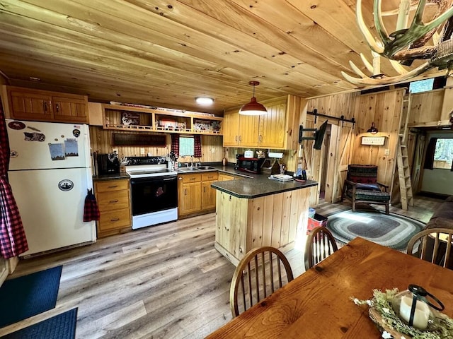 133 Camp Waya-Awi Rd, Rangeley, ME 04970 - kitchen with freestanding refrigerator, electric range oven, a barn door, dark countertops, and a peninsula