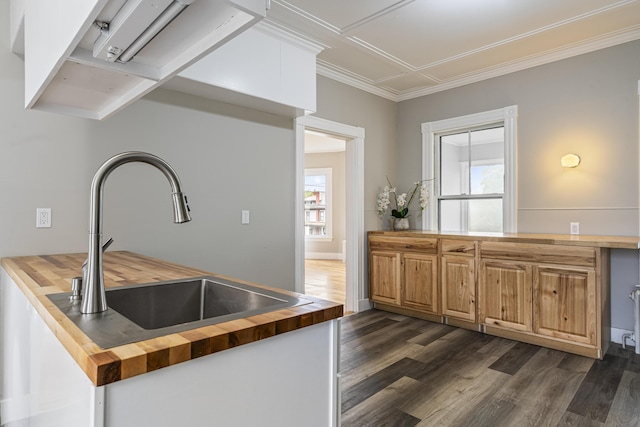 2 Stobie St, Winslow, ME 04901 - kitchen with butcher block counters, dark wood-type flooring, and crown molding