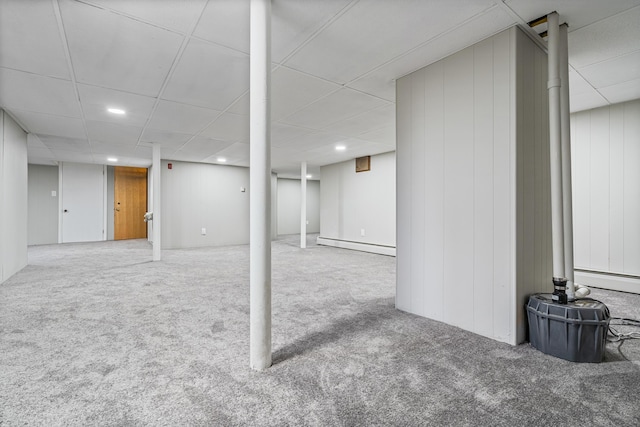 2 Stobie St, Winslow, ME 04901 - finished basement featuring carpet flooring, a paneled ceiling, recessed lighting, and a baseboard heating unit