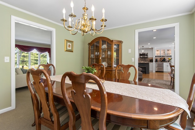 6 Hackmatack Dr, Scarborough, ME 04074 - dining space featuring a chandelier, crown molding, carpet, and recessed lighting