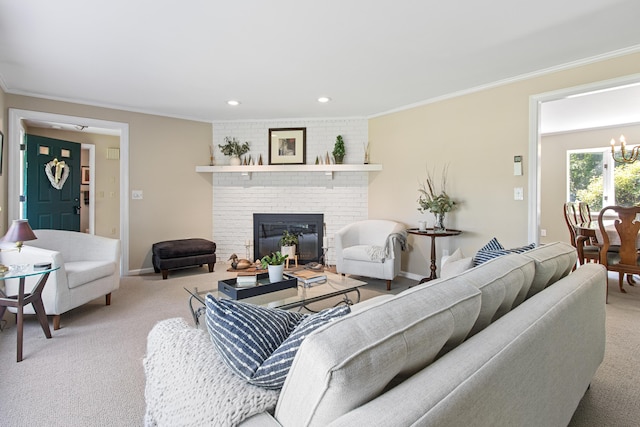 6 Hackmatack Dr, Scarborough, ME 04074 - living area featuring carpet, crown molding, a fireplace, a chandelier, and recessed lighting