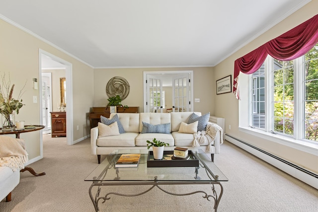 6 Hackmatack Dr, Scarborough, ME 04074 - living area featuring a baseboard heating unit, light carpet, plenty of natural light, and crown molding