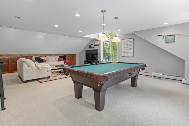 6 Hackmatack Dr, Scarborough, ME 04074 - rec room with light carpet, recessed lighting, billiards table, lofted ceiling, and baseboard heating