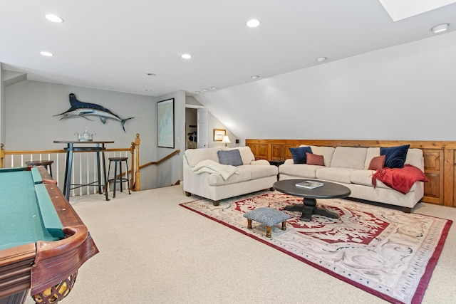 6 Hackmatack Dr, Scarborough, ME 04074 - carpeted living room featuring recessed lighting, lofted ceiling, billiards table, and a skylight