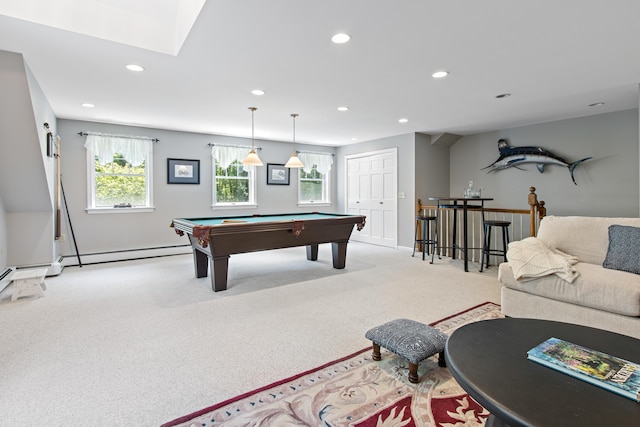 6 Hackmatack Dr, Scarborough, ME 04074 - playroom with recessed lighting, light colored carpet, billiards, a baseboard radiator, and a skylight
