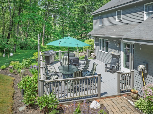 6 Hackmatack Dr, Scarborough, ME 04074 - wooden deck featuring grilling area and outdoor dining space