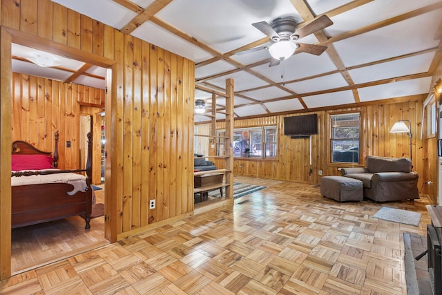 60 Watson Hill Rd, Limerick, ME 04048 - living room with wood walls, ceiling fan, and coffered ceiling