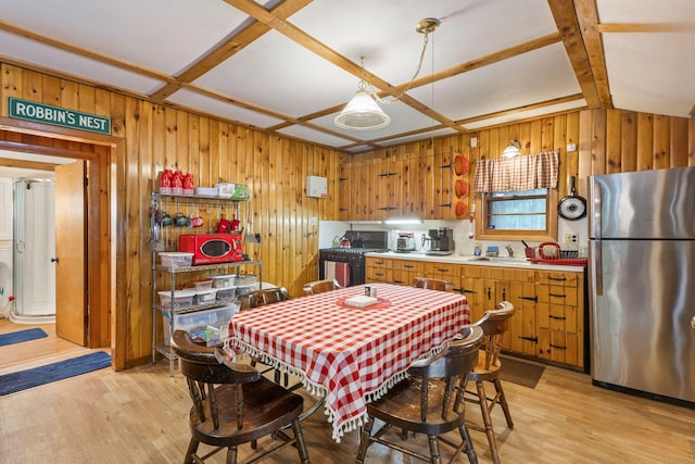 60 Watson Hill Rd, Limerick, ME 04048 - dining space with wooden walls, light wood finished floors, and coffered ceiling