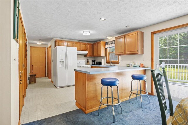 52 Douglas Ave, Saco, ME 04072 - kitchen with white appliances, under cabinet range hood, a peninsula, plenty of natural light, and a textured ceiling