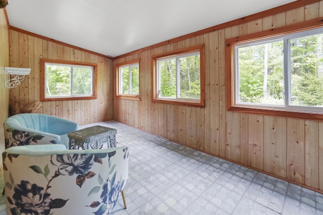 282 Back Narrows Rd, Boothbay, ME 04537 - sitting room with light floors, vaulted ceiling, and wooden walls