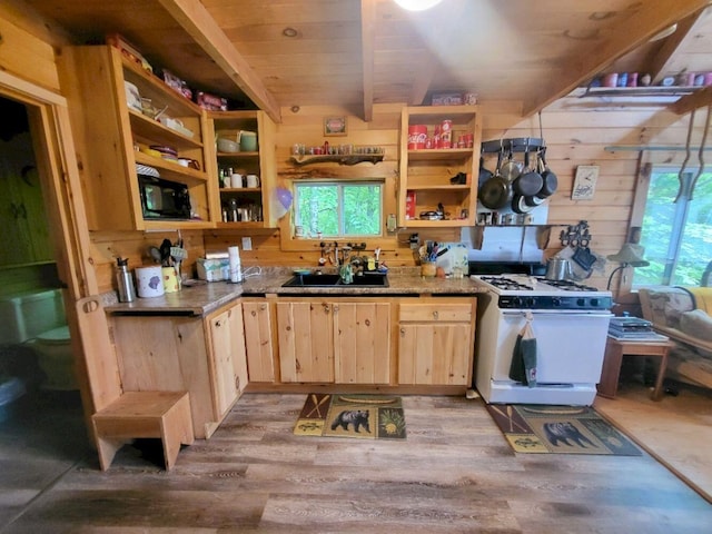 40 Griffin Mountain Rd, New Vineyard, ME 04956 - kitchen with white gas range oven, light brown cabinets, healthy amount of natural light, wooden walls, and a wood ceiling with exposed beams
