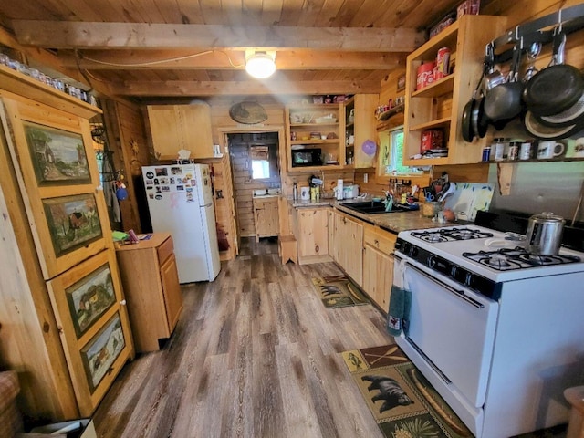 40 Griffin Mountain Rd, New Vineyard, ME 04956 - kitchen with white appliances, open shelves, a wood ceiling with exposed beams, wood finished floors, and wood walls