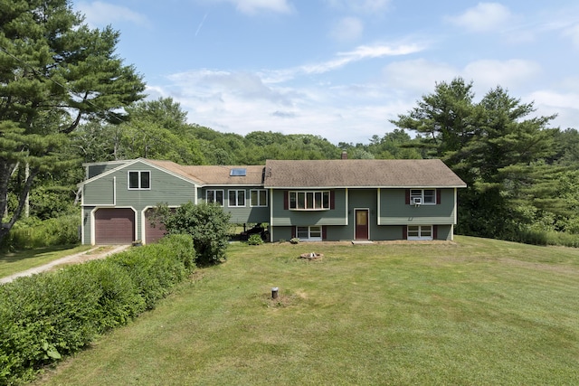 474 Center St, Nobleboro, ME 04555 - raised ranch with a front yard, dirt driveway, a chimney, and an attached garage