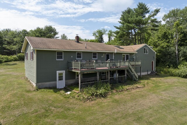 474 Center St, Nobleboro, ME 04555 - rear view of property featuring a deck, a lawn, a chimney, and stairway