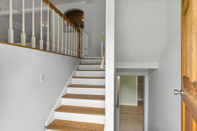 474 Center St, Nobleboro, ME 04555 - stairway featuring wood finished floors and arched walkways