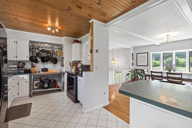 474 Center St, Nobleboro, ME 04555 - kitchen featuring black appliances, decorative backsplash, light tile patterned flooring, white cabinetry, and a wooden ceiling with exposed beams