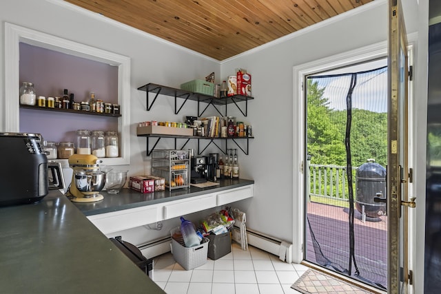 474 Center St, Nobleboro, ME 04555 - bar featuring a baseboard heating unit, crown molding, wood ceiling, and light tile patterned flooring