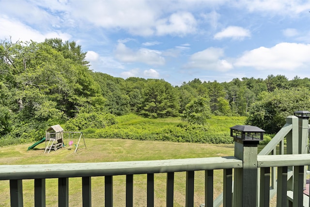 474 Center St, Nobleboro, ME 04555 - view of green lawn featuring a playground and a wooded view