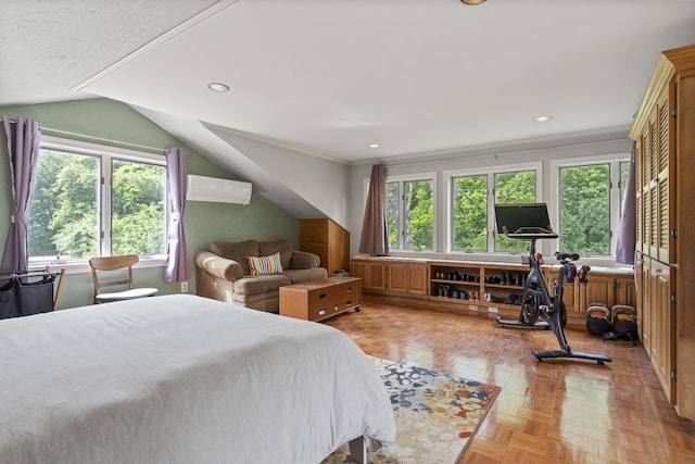 474 Center St, Nobleboro, ME 04555 - bedroom featuring multiple windows, lofted ceiling, an AC wall unit, and recessed lighting