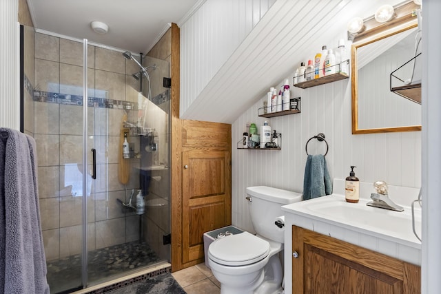 474 Center St, Nobleboro, ME 04555 - bathroom with vanity, a shower stall, tile patterned flooring, and ornamental molding