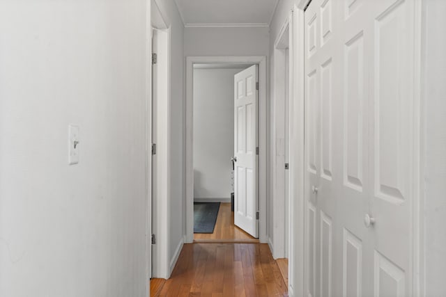 474 Center St, Nobleboro, ME 04555 - hallway with ornamental molding and hardwood / wood-style flooring