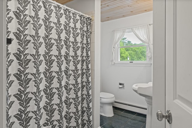 474 Center St, Nobleboro, ME 04555 - bathroom with a baseboard heating unit, tile patterned floors, a shower with shower curtain, and wood ceiling