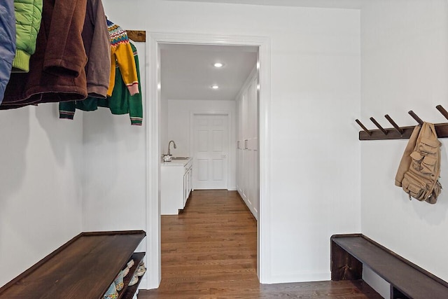 43 Brookside Ln, Freeman Twp, ME 04983 - mudroom featuring dark wood-style flooring and recessed lighting