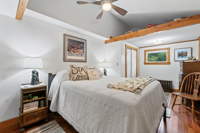 223 Centre St, Bath, ME 04530 - bedroom featuring lofted ceiling, radiator heating unit, wood finished floors, a closet, and a ceiling fan
