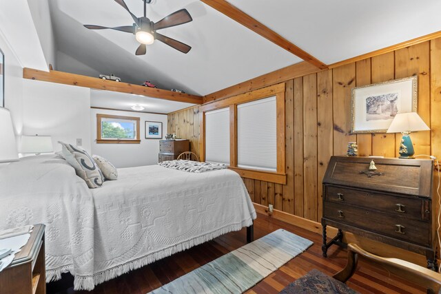 223 Centre St, Bath, ME 04530 - bedroom featuring lofted ceiling, wood finished floors, wooden walls, and ceiling fan