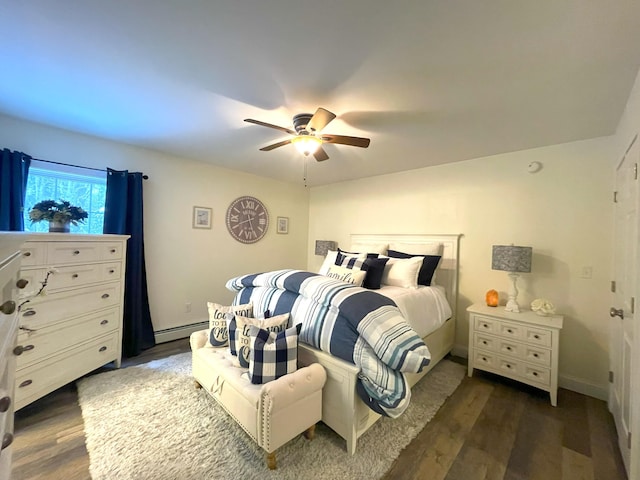 5 Willard Way, Raymond, ME 04071 - bedroom with dark wood-style floors, a baseboard heating unit, ceiling fan, and baseboards