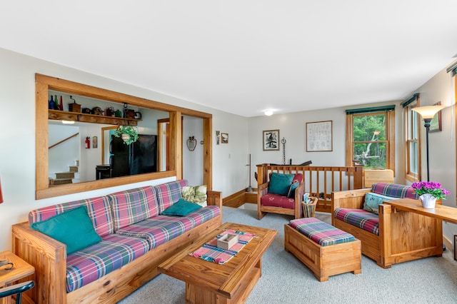 302 Spring St, Brownfield, ME 04010 - living room with carpet floors and stairs