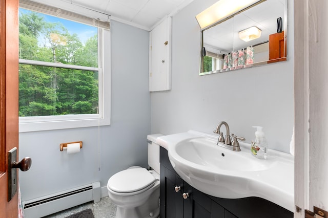 302 Spring St, Brownfield, ME 04010 - full bathroom featuring a baseboard radiator, vanity, and curtained shower
